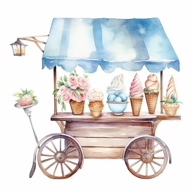 Watercolor wedding icecream blue stand, wedding clipart, simple, soft colors, cartoon elements, watercolor boho style, white transparent