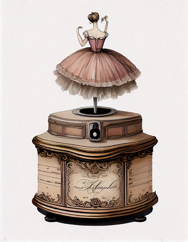 detailed watercolor victorian vintage music box with ballerina on top, realistic, isolated on white backgorund, clipart