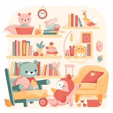 furniture, toys, books, images, flat vector clipart, nursery decor, small child, cute, children room deco