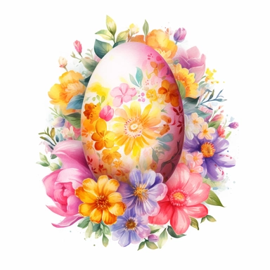 a bright watercolour composition of one easter egg with beautiful bold pattern surrounded by delicate flowers isolated on a white background for clipart or sticker, enchanting cottagecore style by digitalcurio, warm and cozy feeling, warm glowing lighting, artist: Lisa Frank –no text fonts letters watermark words typography slogans signature