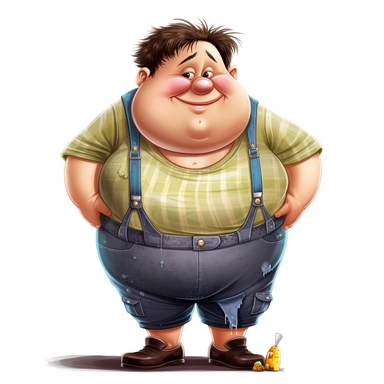 cartoon clipart funny style of very overweight 5 year old boy in dirty clothes.