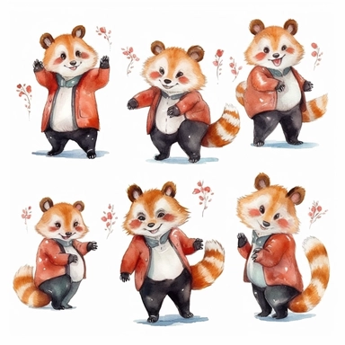 Watercolor red panda, Various expressions and emotions, clipart, isolated on white background