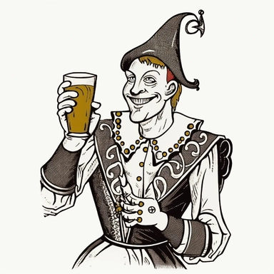 Court Jester holding a large glass of beer, solid lines, pen and ink, Fool's Cap with bells, Playing Card Art, Detailed hands, Detailed Face, flat black and white sketch, Clean Lines, White Background, Solid Lines, clipart style image