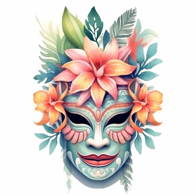 Pastel Cute Beautiful Hawaii Mask tropical flower Watercolor Sublimation Clipart,Cartoon, hyper realistic, intricate detail, illustration style,high solution,on the white background