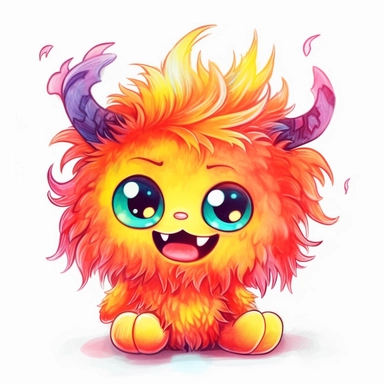 whimsical kawaii chibi fluffy colorful fire monster with big eyes, big teeth and demon tail, cartoon clipart on white background with margins, watercolor, icon, sticker, vivid colors, full colors, and details, 32k, 3d
