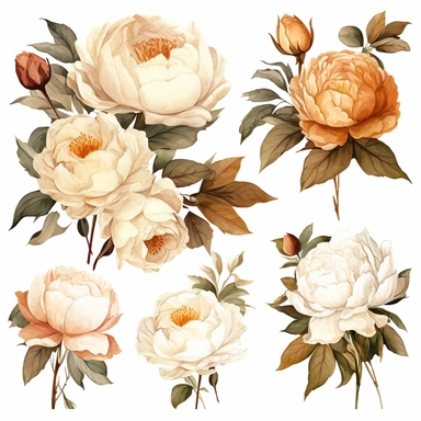 Brown to cream roses peonies in the style of Rachel Ann Austin, clipart set, white background, 8K, I can't believe how beautiful this is,