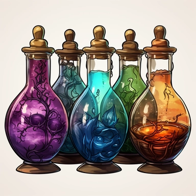 Hand drawn Vintage creepy Potion Bottle , colorful various shapes and sizes each filled with a different colored liquid ,no background, watercolor, witchcraft, magical mystery art, cartoon style, very detailed, 8k ,clipart,no shadow,single design, print on demand image, PNG transparent ,white background for removing background - - no text shadow font watermark