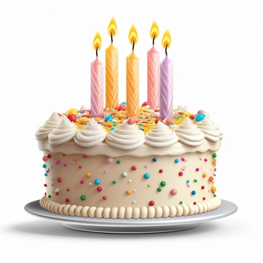Create a high-quality clipart image of a classic vanilla birthday cake with lit candles. Show a round cake with layers of fluffy vanilla sponge cake and smooth vanilla buttercream frosting, adorned with colorful candles.