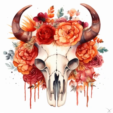 longhorn skull bull a lot of hot red boho flowers watercolor clipart