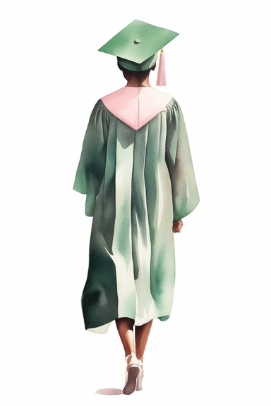 vector watercolor, full back view, drawing of dark-skinned woman wearing a light green, dark pink and white cap, gown, and high-top shoes on graduation day clipart, front view, in style of Michiel van Huysum, subtle faded color variations, hyper-detailed hd clipart, on white background, spaced out