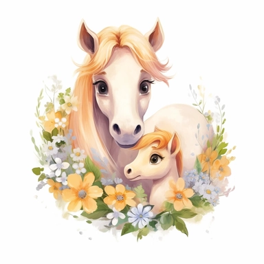 Cute floral illustration, realsitic adorable baby horse hugging his mom happy clipart, nursery style clipart, Nursery Animals Art, Kids Wall Art, Kids Room Decor, Baby Room Decor, isolated on white, ultra - detailed, high quality, ghibli style, award winning