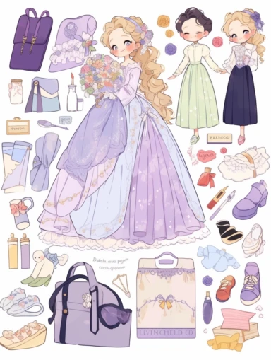 Stickers, Clipart, Full body display, Knolling layout, cute Princess Style themed, accessories neatly placed in equal proportion, larger spacing, 10 to 15 objects, pocket sticker, stationery set, vector stickers, high detail, charater sheet, Planner Stickers, Bright Colors, Hand Drawn Artwork, Watercolor Design, single design, 8k, white background