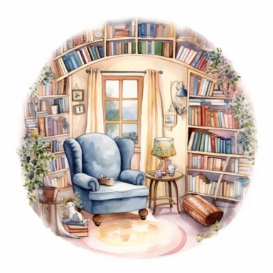 Watercolor Night Reading Nook Clipart Bundle Reading Corner PNG Bookshelf Book clipart Bookworm Cozy Interiour, round frame, on white background