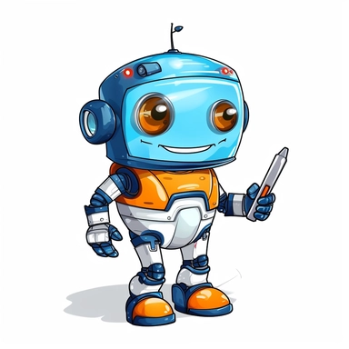 a cute sweet robot, a pen in the hand, clip art, white background