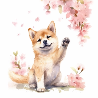 watercolor puppy dog shiba clipart , hight detail, cute, kawii , fresh Sakura, cheerful ,high five, postcard