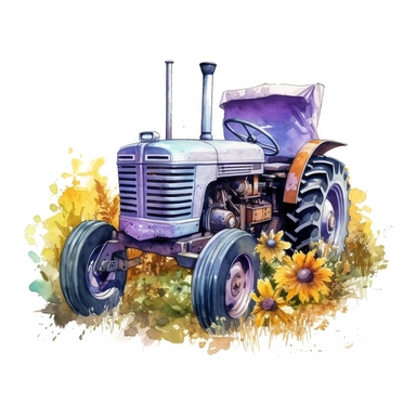 Vintage florist's farm tractor drawn in watercolor, vector design, cutout, Sublimation Clipart, Cartoon, hyper realistic, intricate detail, illustration style, high solution, isolated on the white background