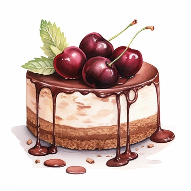 This highly detailed watercolor clipart features a decadent, slice of chocolate cheesecake adorned with succulent cherries, set against a pristine white background. The artwork showcases the intricacy of the dessert, capturing the richness of the chocolate and the velvety texture of the cheesecake. The graham cracker crust is meticulously painted, providing a sturdy and delicious base. Plump cherries are artfully arranged on top, their deep red color and glossy sheen adding a pop of vibrancy. Ag