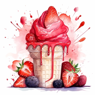 Indulge in the mouthwatering delight of a watercolor illustration capturing the essence of a luscious strawberry ice cream. This delightful clipart brings together the whimsy of a cartoon style with hyper-realistic details, creating a truly tempting treat for the eyes. Every brushstroke showcases intricate details, from the glistening texture of the ice cream to the vibrant red hues of the ripe strawberries. Isolated on a pristine white background, this high-quality artwork is perfect for variou
