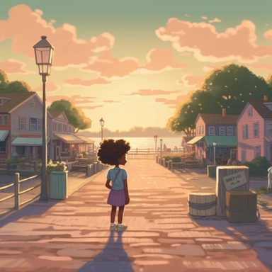 pixar illustration of Harper walking down block in Sag Harbor town , An illustration of fiver year old light skin happy black girl with curly afro, walking down a block in sag harbor ,standing looking out onto the harbor , whale wacthing ,from the community's stunning Sunset Beach, east hampton , summer vaction, beach town , summer days , muted tones , shy warm heart , pixar , hyper detailed , smooth skin realistic animated — Happy Black Girl Smiling art,black girlsclipart, Funny black girl , Ch