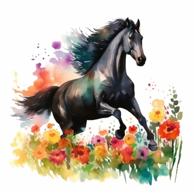 a watercolor dark black horse with a white start on its head running through a meadow of bright colored flowers clipart