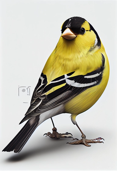 a full body & tail American Goldfinch, white background, children book, clipart style,