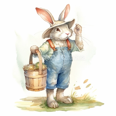 Cute fluffy white rabbit clipart,3 years old,smile expression,wear farmer jumpsuit and holding milk churn,walking pose, side view, in the style of watercolor cartoon clipart, kate greenaway style,pixar style, high resolution, composition free space, pastel color scheme, soft and tender, watercolour clipart, watercolor illlustration for kids and children,isolated white background, clipart most popular on etsy, book illustration, featured on dribble,print on demand image, PNG tranparent background