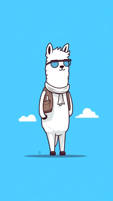 Minimalist white on a blue background negative space whimsical cuteness, llama tourist, flat, vector, clipart, in the style of Skottie Young