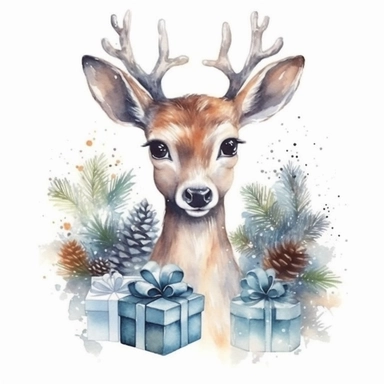 one christma deer and gift box watercolor clipart on a white background, in the style of detailed nature depictions, whimsical drawings , no watermark, text, 300 DPI , typography, shapes do not stick together, no text in the picture, on a white background