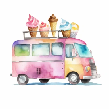 Watercolor A cheerful ice cream truck with various flavors and toppings clipart, Minimalist, isolated white background, 8k