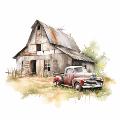 watercolor rustic farm barn with abandoned car clipart, white background