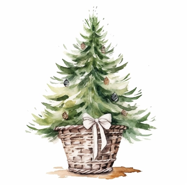 basic watercolor large decorated christmas tree standing in basket in minimal hand drawn style, Etsy, textured, clipart, white background