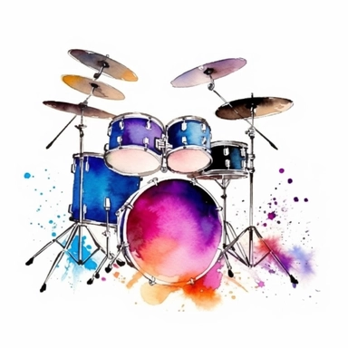 watercolor clipart, one individual drum set, vibrant splash of color, white background