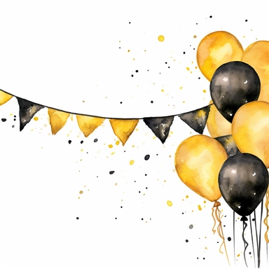 watercolor yellow and black birthday banner drawing, illustration clipart, high detailed, white background, digital art