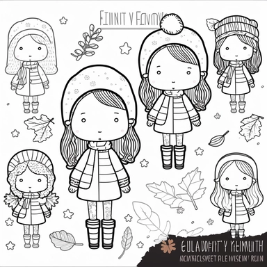Winter Girl Digital Stamps, Autumn Girls Clipart, Fall Girls Clipart, Winter Girls Clipart, Kawaii Girl Clipart, Kawaii Girl Illustrations Basic simple cute cartoon outline, isolated on white background, children's coloring page, thick crisp lines, black and white, outline art, coloring book