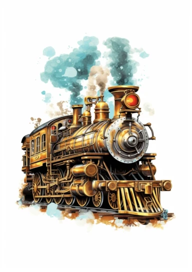 Locomotive Steampunk, big beautiful locomotive, bursting with steam, Steampunk Clipart, Retro Futuristic, Victorian Era Art Print, colorful, details, high quality 8K, white background