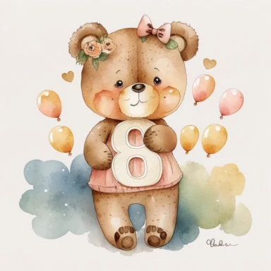watercolor cute bears holding number 8 clipart