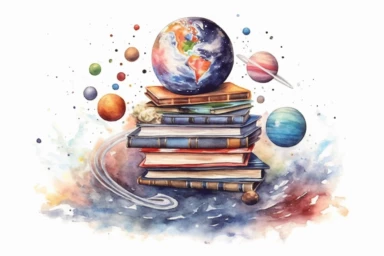 Watercolor, Create a planet with vast, floating libraries that house knowledge from across the cosmos clipart, hd, on a white background, spaced out