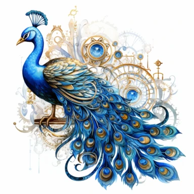 Watercolor intricate steampunk illustration of peacock with blue sapphire, clipart on white background, HQ, HD
