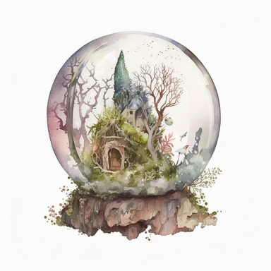 crystal ball with fairy garden inside it watercolor clipart, single image, white background