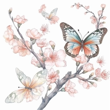 clip art Watercolor art of a cherry blossom branches, butterflies, with soft pastel hues, illustration in the style of Ayami Kojima and J.C. Leyendecker, pixiv, high quality, highly detailed