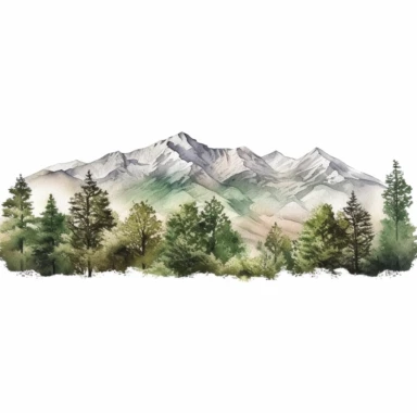 Watercolor wide mountain scene with trees, beautiful details, ultra detailed, ultra photo real intricate detailed, high definition, graphic clipart, hyper realistic, detailed, white background
