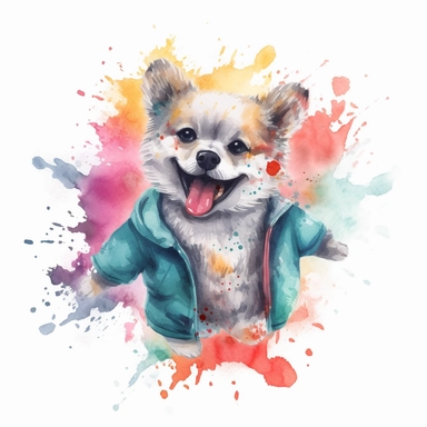 watercolor cool retro dog clipart, japanese cartoon art style, showing the emotion of joy and hapopiness, vibrant colors, beautiful.
