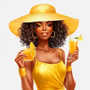 pretty black girl, Sun Straw Hat Wide Brim Summer Hat Foldable Roll up Floppy Beach Hats, pretty, holding a cocktail drink, yellow outfit, 4k, hd, clipart