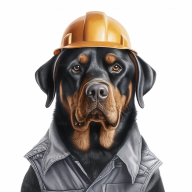 rotweiller dressed as a construction worker, photorealistic, portait, clipart, white background