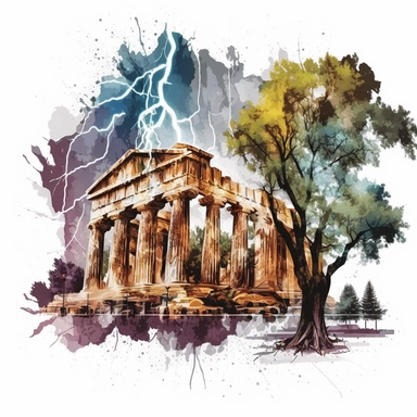 A Beautifull Temple of Zeus, Lightning and flash,big oak tree, watercolor effect,fantastic scene,suitable for digital cliparts,white background,antience greek style