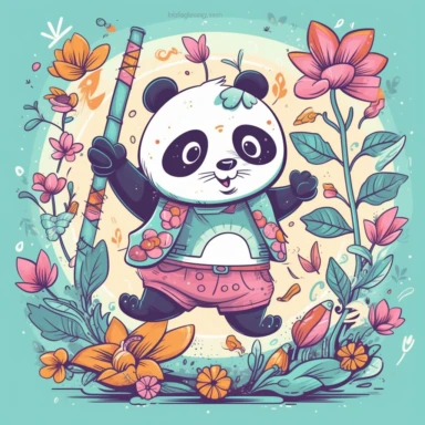 a happy panda with a bamboo shoot and a martial arts belt, depicted in a whimsical, cartoon style, surrounded by colorful flowers and butterflies. The mood of the artwork is cheerful and playful, with a soft pastel color palette. The lighting style is bright and sunny, evoking a warm and inviting feeling. clipart design graphic, vector, contour, super cute, isolated white background, high quality, 2d, flat