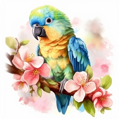 A cute happy parrot sitting proudly on a spring branch, looking off into the camera, with a few spring blossoms and leaves framing the scene, vivid colors, watercolor by Thomas W. Shaller, clipart, solid background, 8k