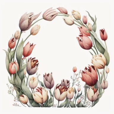 rounded horseshoe arch of tulips. clipart. watercolor. dusty pink/red/whitepastel tones. white background