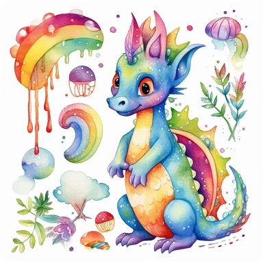 Cute Rainbow Dragon Watercolor Clipart