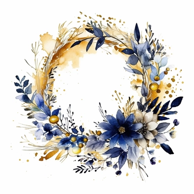 whimsical watercolour boho gold and navy blue clip art Christmas wreath decorated with small gifts, watercolor, splatters, white background, 32k